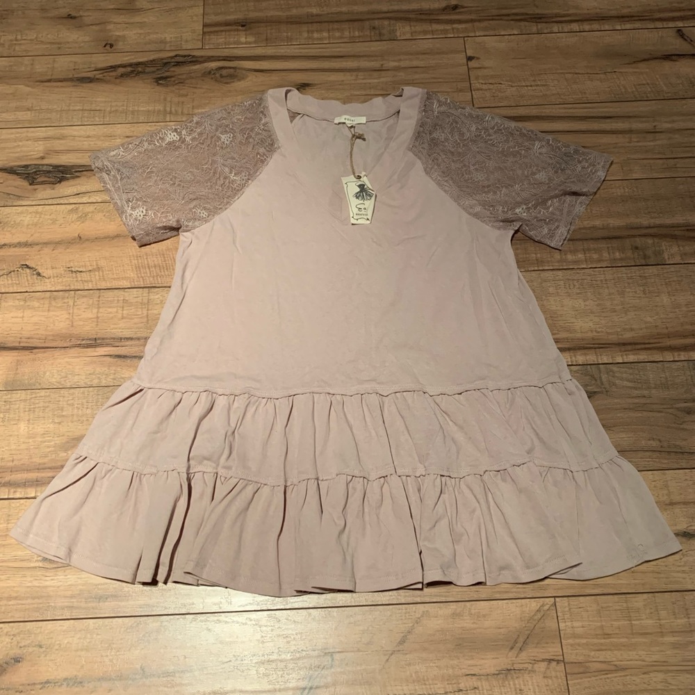 NWT! Tan Ruffled Tunic with Lace Sleeves